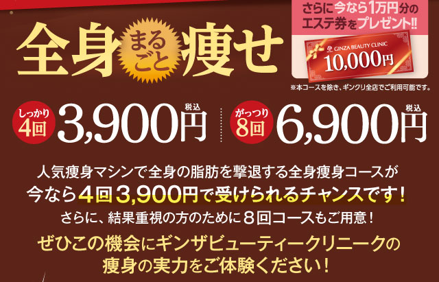 全身まるごと痩せ しっかり4回3,900円(税込)がっつり8回6,900円(税込)