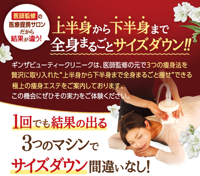 上半身から下半身まで全身まるごとサイズダウン!!1回でも結果の出る3マシンつのでサイズダウン間違いなし!