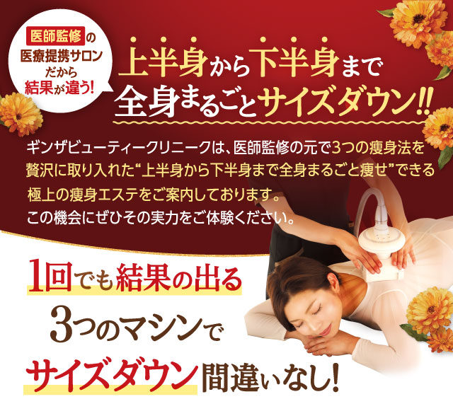 上半身から下半身まで全身まるごとサイズダウン!!1回でも結果の出る3マシンつのでサイズダウン間違いなし!