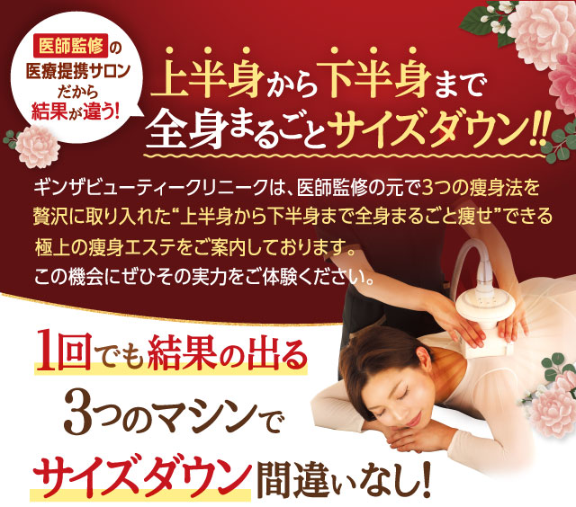 上半身から下半身まで全身まるごとサイズダウン!!1回でも結果の出る3マシンつのでサイズダウン間違いなし!