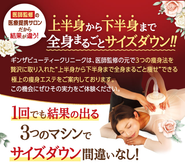 上半身から下半身まで全身まるごとサイズダウン!!1回でも結果の出る3マシンつのでサイズダウン間違いなし!