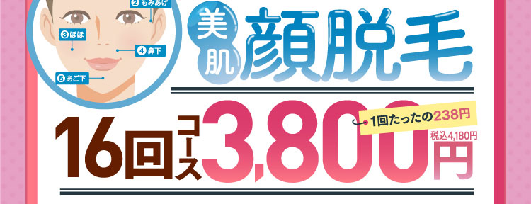 美肌顔脱毛16回コース3,800円税込4,180円　1回たったの238円