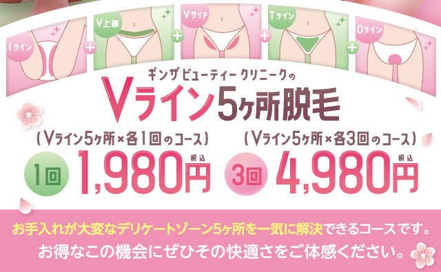 1回1,980円（税込）３回4,980円（税込）お手入れが大変なデリケートゾーン５ヶ所を一気に解決できるコースです。お得なこの機会にぜひその快適さをご体感ください。