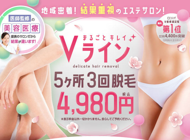 まるごとキレイ!Vライン5ヶ所3回脱毛 4,980円(税込)